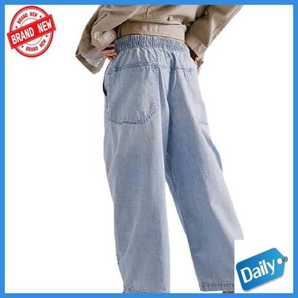 Women's Drawstring Waist Wide Leg Cropped Denim Pants Size S-XXL - Picture 4 of 5